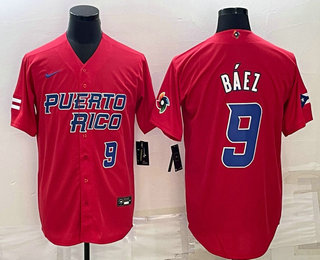 Men%27s Puerto Rico Baseball #9 Javier Baez Number 2023 Red World Baseball Classic Stitched Jersey